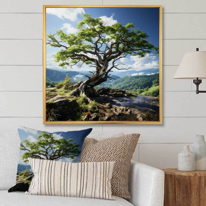 Bonsai vert - horizon du Japon - impression, H 16 po x l 16 po x P 1 po, Cadre flottant doré