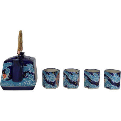 Auspicious Red Koi Fishes In Blue Waters Hexagonal Teapot With 4 Tea Cups Set