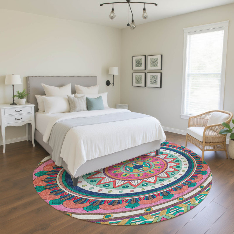 Premium Machine Washable Mayfield Geometric Rug, 8' Round, Pink
