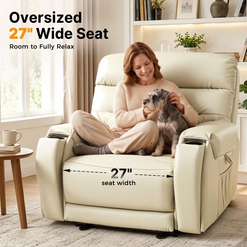 Fauteuil inclinable électrique de 27 po de largeur avec massage vibratoire et chaleur, appui-tête réglable, Cream White