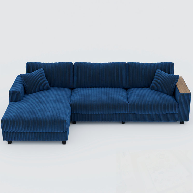Corduroy L Shaped Xanthe Sofa with chaise and armrest storage, Antique Blue