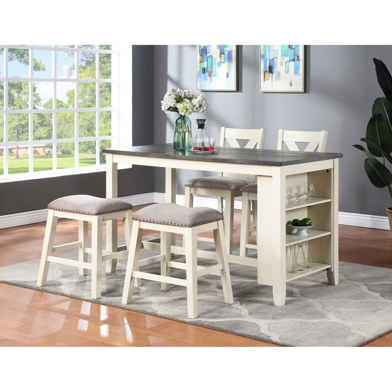 Chaise de bar moderne en bois avec siège à coussin crème pour 2 personnes, Gris clair / blanc crème