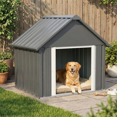 Durable Metal Dog House with Weatherproof Roof, Outdoor & Indoor Use, Grey