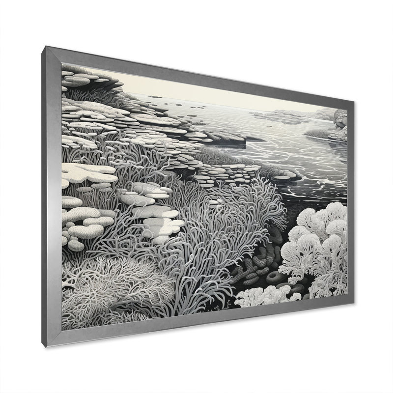 Scènes marines grises sur toile, Cadre de coin argenté fermé, H 12 po x l 20 po x P 1 po