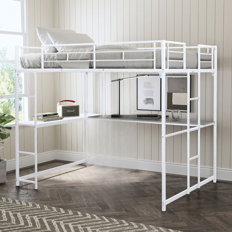 Lit mezzanine contemporain blanc avec structure en métal double et deux conceptions, sous les échelles simples de taille d'espace de travail