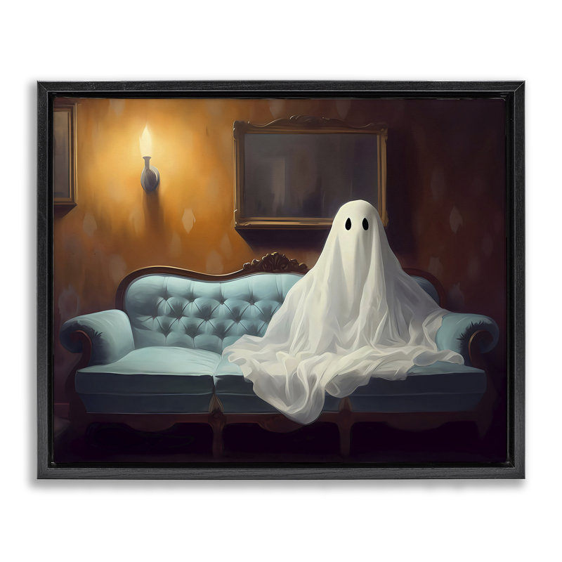 Ghost on Spooky Blue Couch Floating Frame, design by LSR Design Studio, 25" H x 31" W, Jet Black Floater Frame