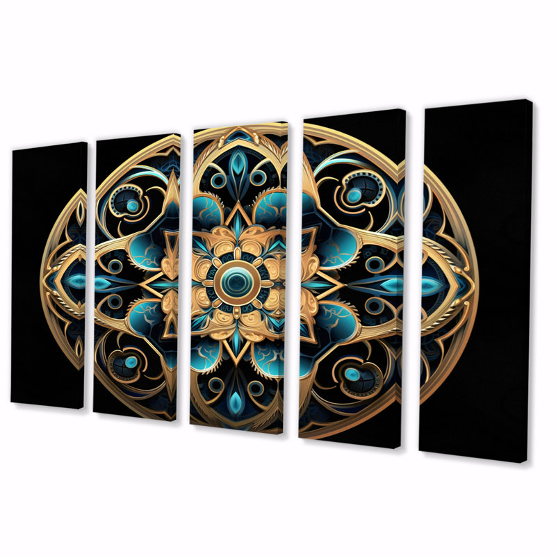 Ancienne Atlantis Mandala en or et turquoise II - impression sur toile de mandala boho - 5 panneaux égaux