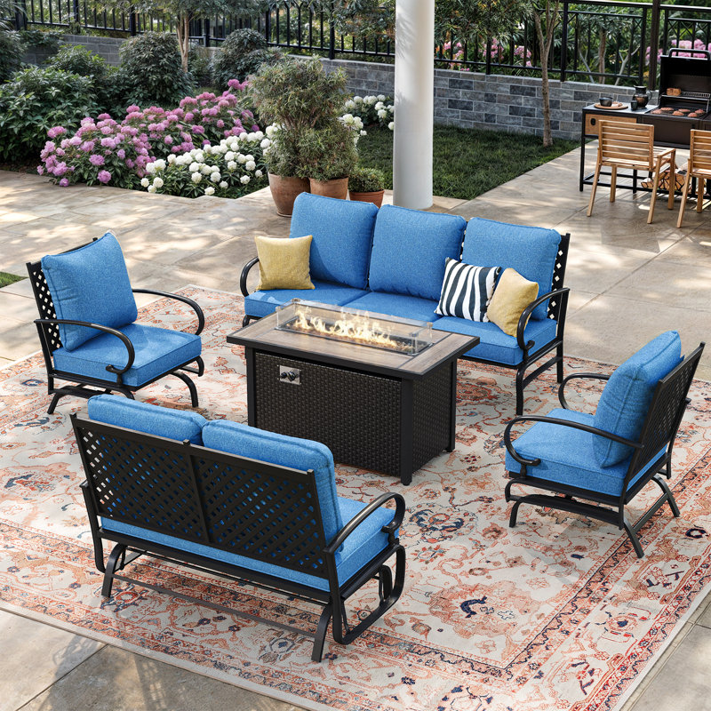 5 Piece Outdoor Conversation Set With Fire Pit Table, Navy Blue