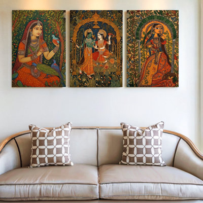 Ensemble de 3 pièces d'art mural traditionnel indien avec figurines mythologique, trois pièces d'art mural pour le salon, la chambre à coucher, le bureau et la maison
