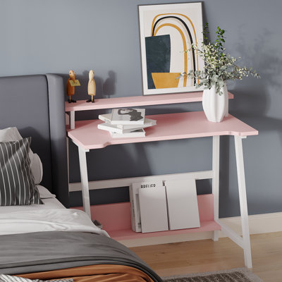 Bureau d'ordinateur personnel, bureau de 31,5 po pour petits espaces avec tablette de rangement, petit bureau d'ordinateur avec moniteur et bibliothèque, bureau d'ordinateur portable de style simple et moderne, rose