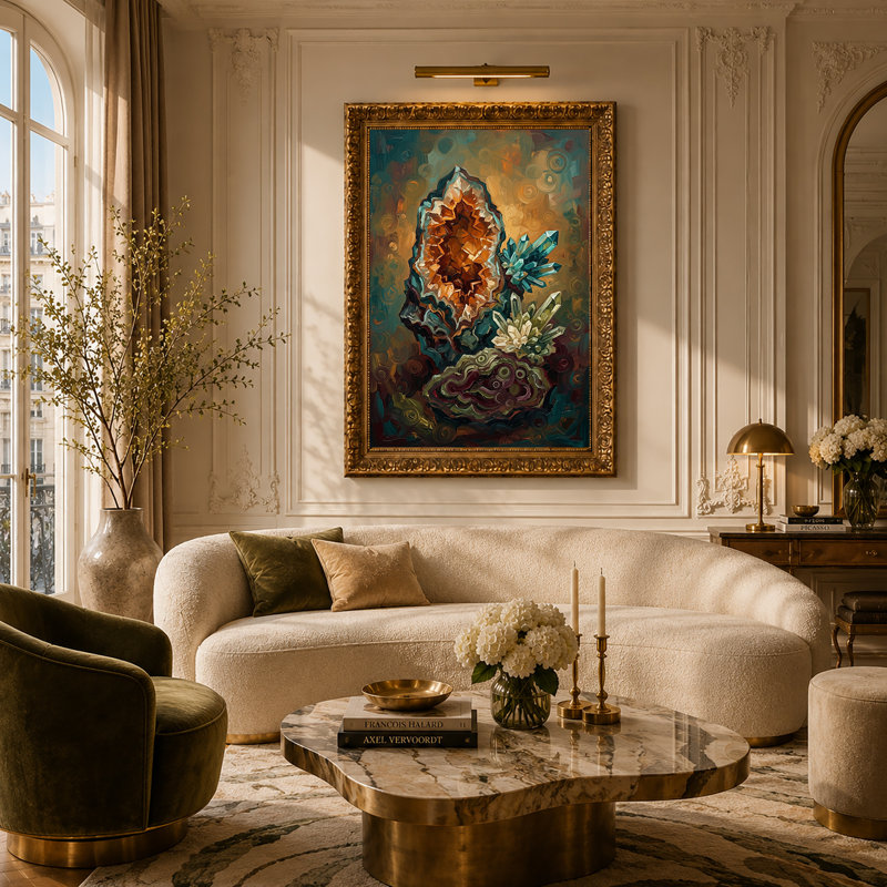 Toile orange sur fond de tourbillons, 24"H x 16"W