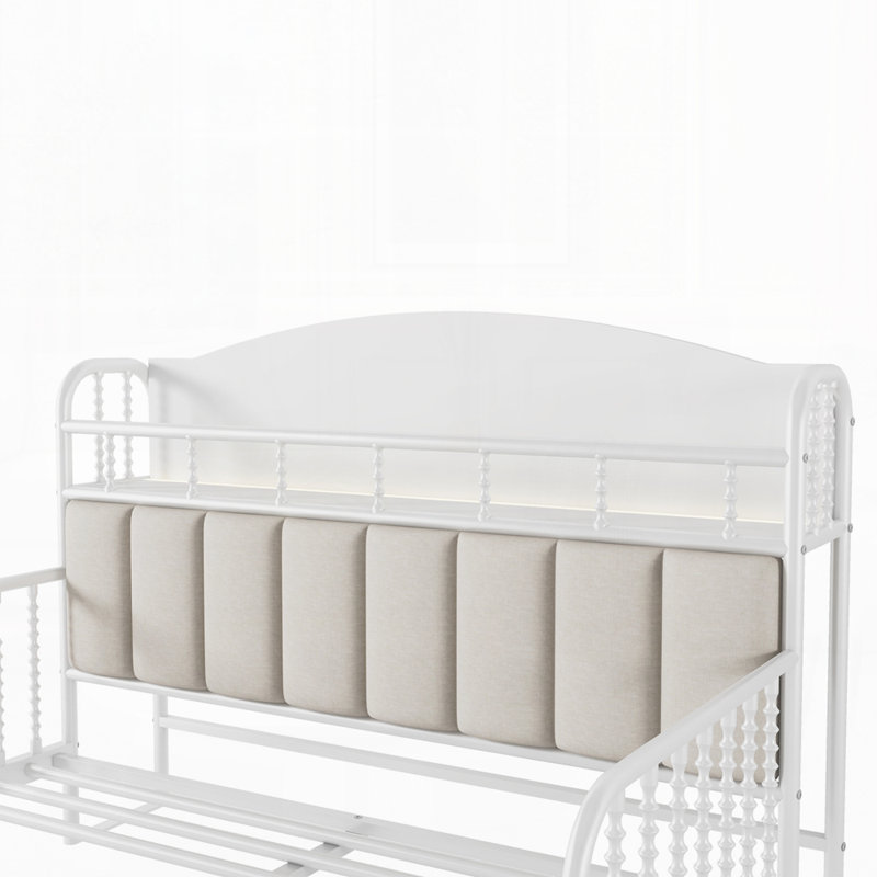 Structure de lit plateforme en métal avec lumière, lit en métal avec tête de lit tapissier et rangement, Blanc, Double