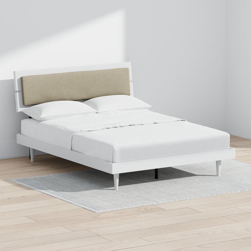 Benoni Wooden Bed With Taupe Cushion, White, Queen