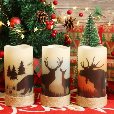 Flameless Flickering Led Candles With Hemp Rope And 6H Timer, Battery Operated Set Of 3 Real Wax Pillar Rustic Candles Warm Light With Deer, Moose, Bear Decals Decor Christmas Home(D3 X H6)