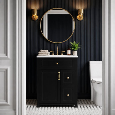 Ensemble de meuble-lavabo autoportant simple avec 2 tiroirs et deux supports de rangement sur la porte