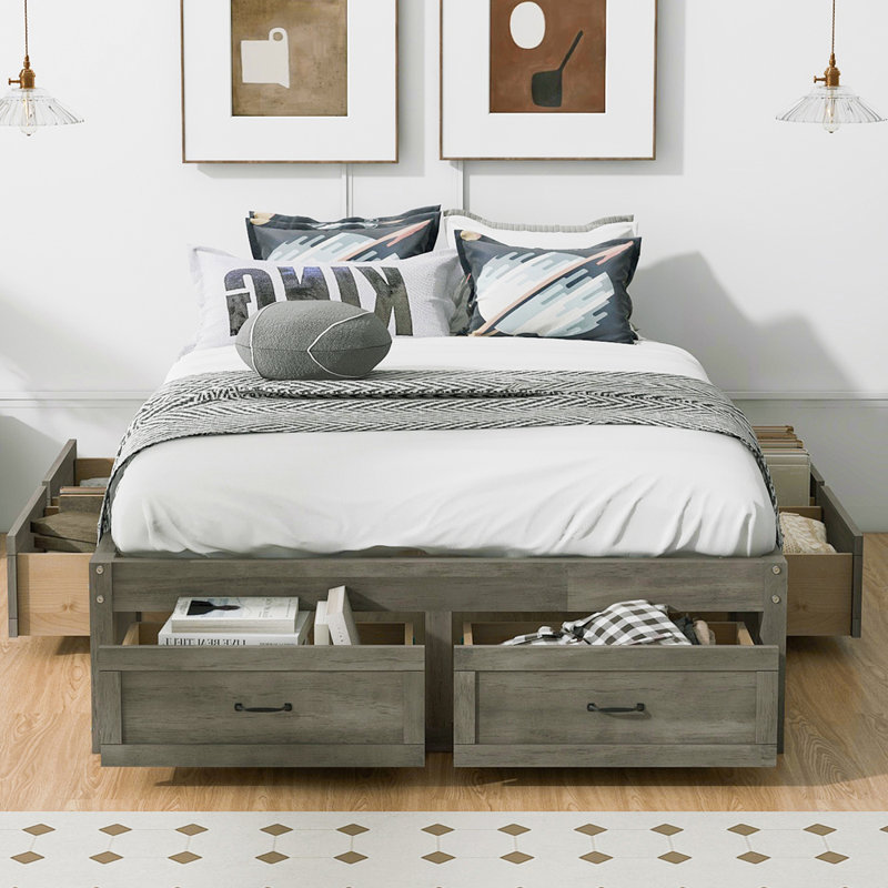 Full Size Platform Bed with 6 Storage Drawers, Full, Antique Gray