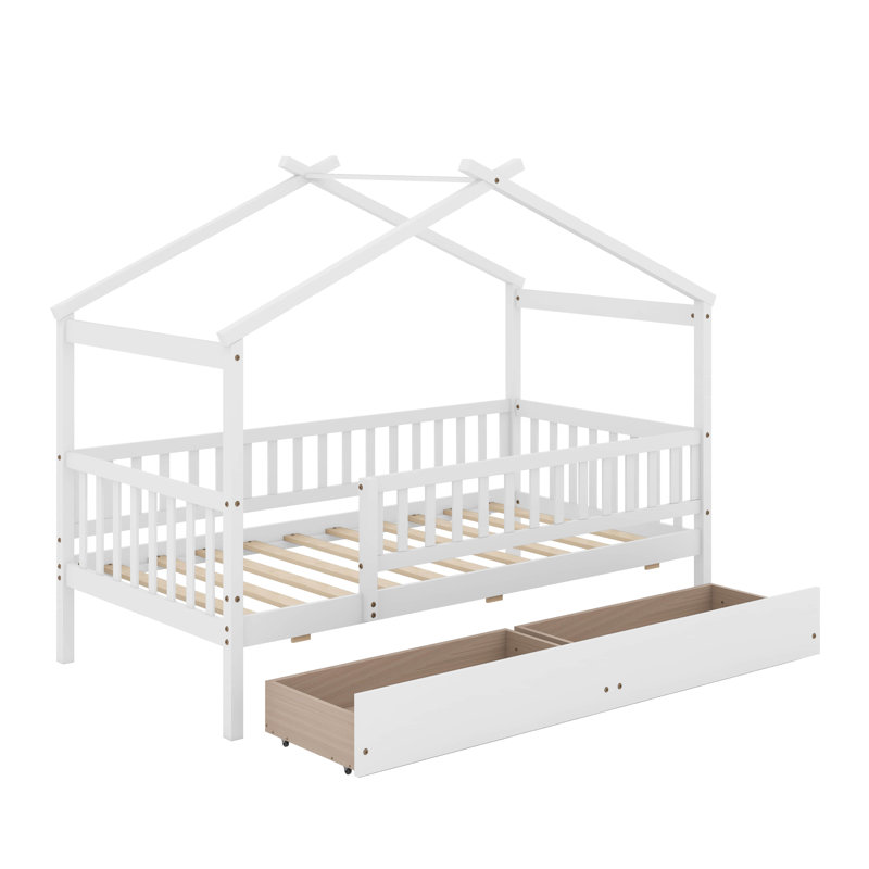 Lit en bois avec deux tiroirs, Simple, Blanc