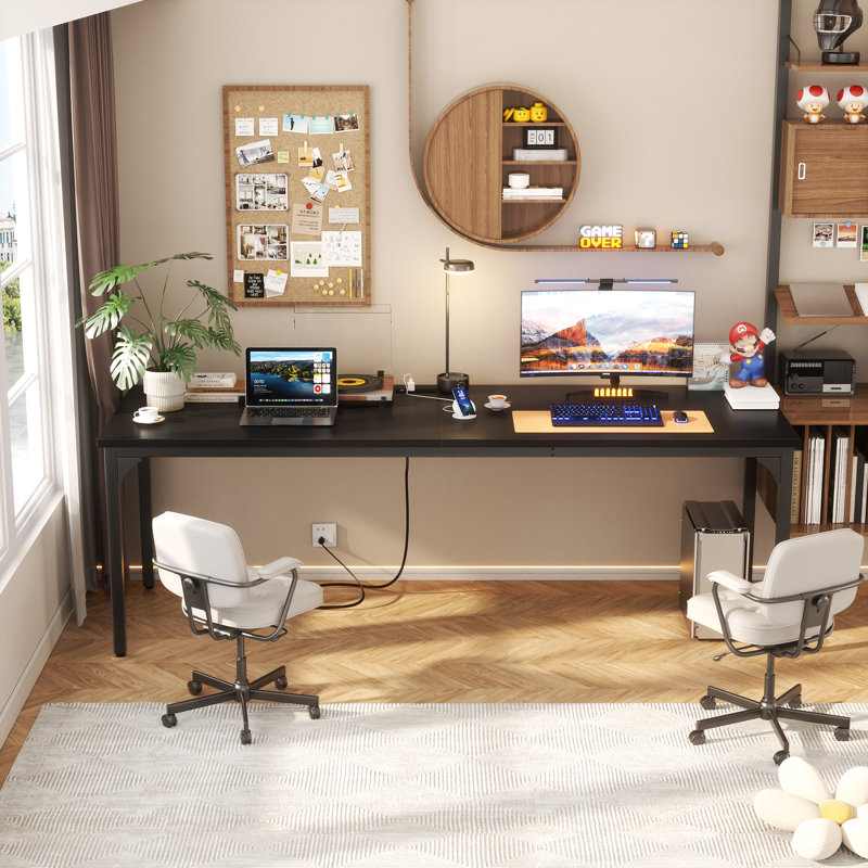 79'' W Rectangle Computer Desk with Power Outlet, Long Double Home Office Computer Desks, Black
