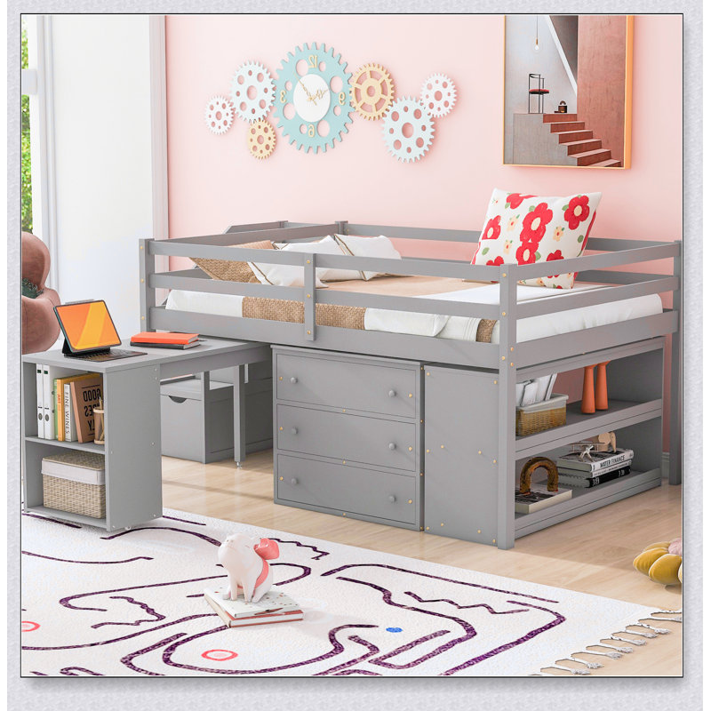Lit mezzanine avec bureau d'écriture rétractable et tiroirs, Gris