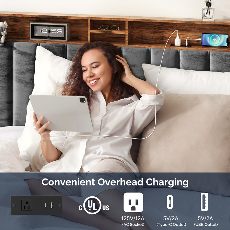 Upholstered Bed Frame with Headboard-Storage Headboard with Smart LED Lights and USB Charging Station,Noise Free,No Box Spring Needed