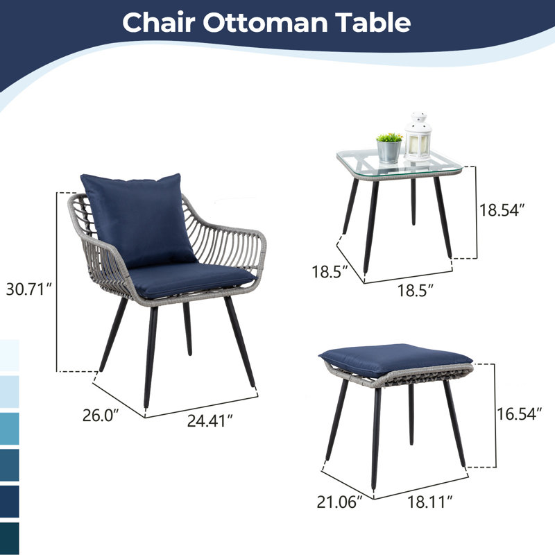 Ensemble bistro 5 pièces pour patio avec coussins et repose-pieds, Bleu/gris