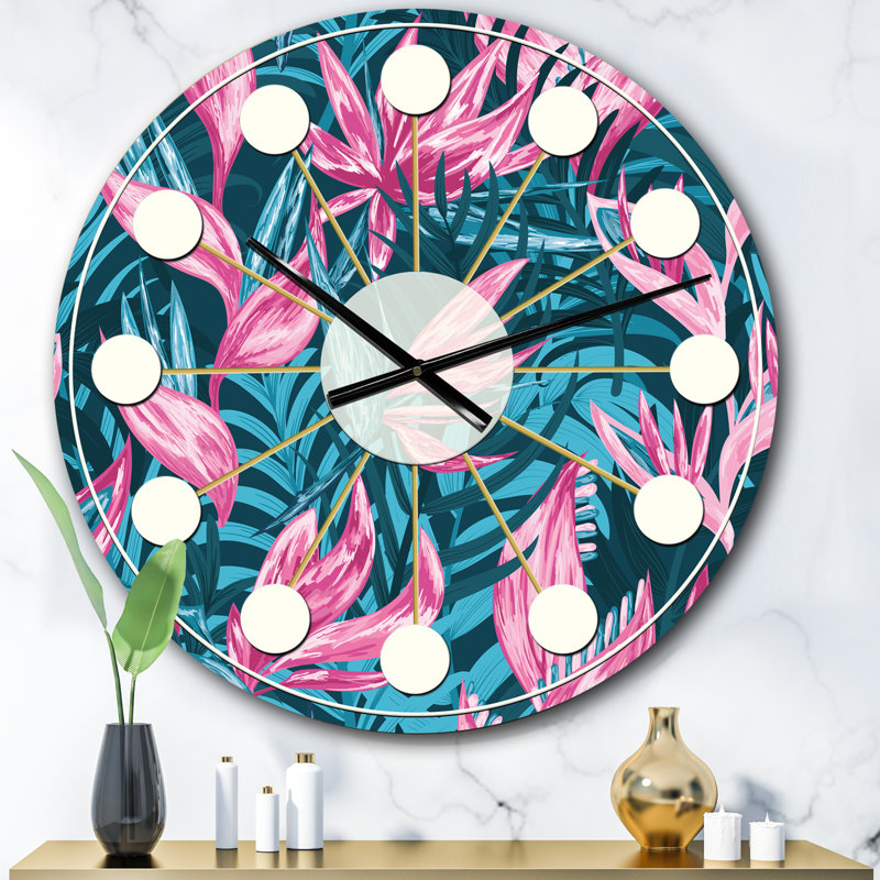 Fleurs tropicales dessinées à la main - horloge murale moderne Mid-Century, Petit