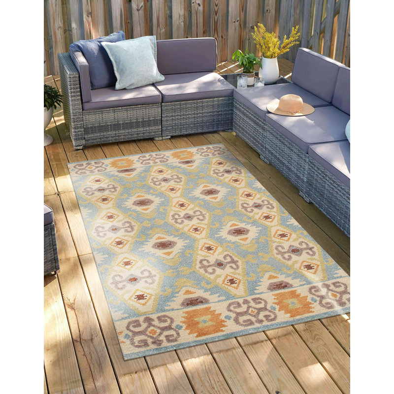 Tapis bleu clair en laine noué à la main Freya, Rectangle 6 pi x 9 pi