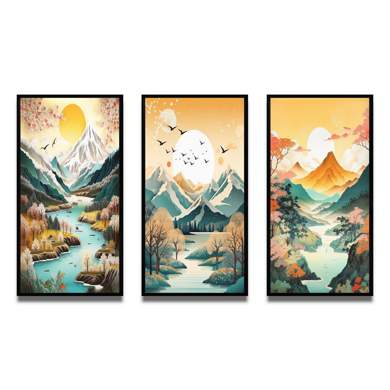 «Snow Covered Mountain Peaks», 3 pièces sur toile, Cadre flottant noir, H 40 po x l 60 po