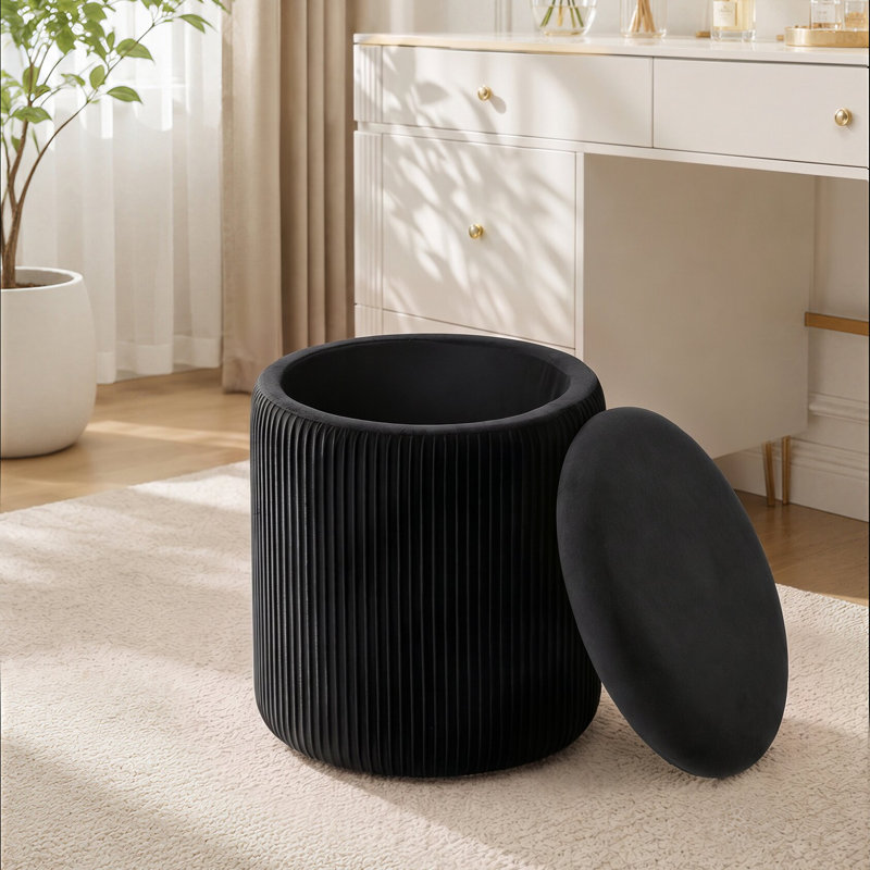 37.5cm Wide Velvet Cylinder Striped Standard Ottoman, Black