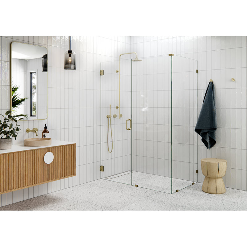 Illume 56 in. x 32 in. x 78 in. 90-degree Fully Frameless Wall Hinged Glass Shower Enclosure, Satin Brass
