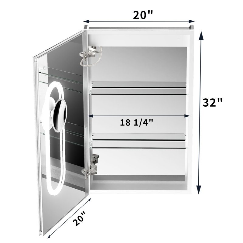 Armoire de salle de bain multifonctionnelle 20 po x 32 po, éclairage intégré, température de couleur continue, armoire à DEL intelligente côté miroir avec miroir grossissant 5X, fonction brouillard et tablettes de rangement