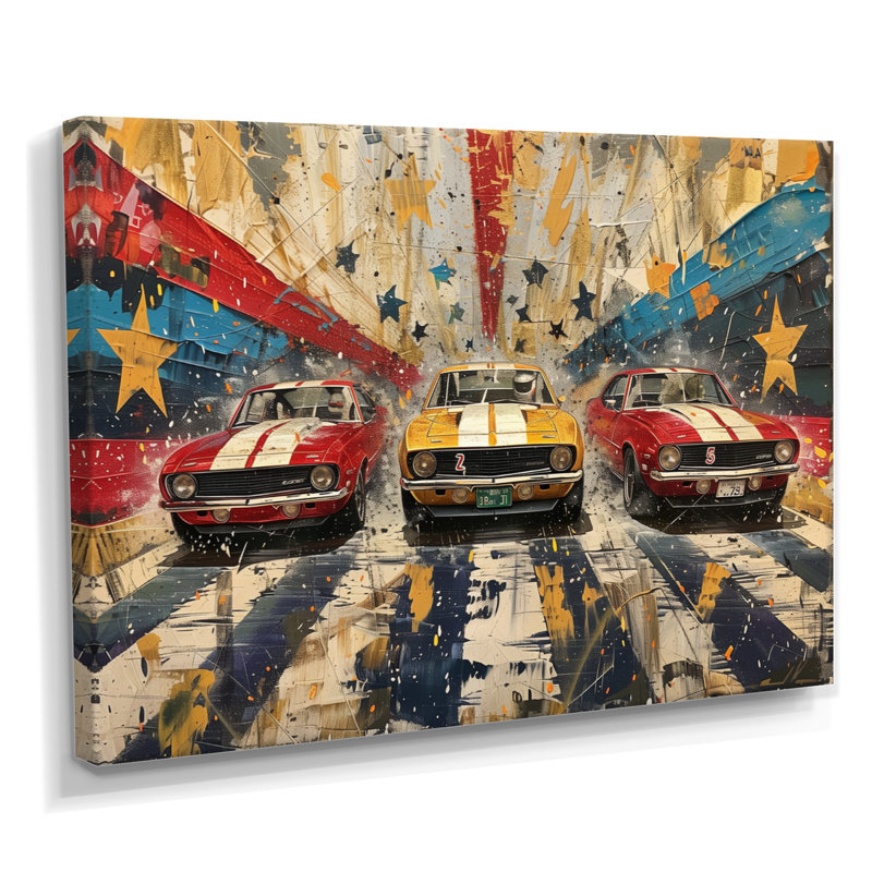 Drapeau américain de couleur rétro Muscle Race II - Piste de course murale, Toile tendue, H 30 po x l 40 po x P 1,5 po