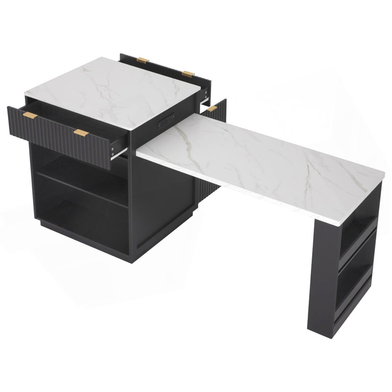 Îlot de cuisine cannelé 82,6 po avec table de salle à manger extensible pour 4 à 6 personnes, table d'îlot de cuisine avec prise de courant, table de cuisine avec rangement double, 2 tiroirs et 2 tablettes ouvertes latérales, noir
