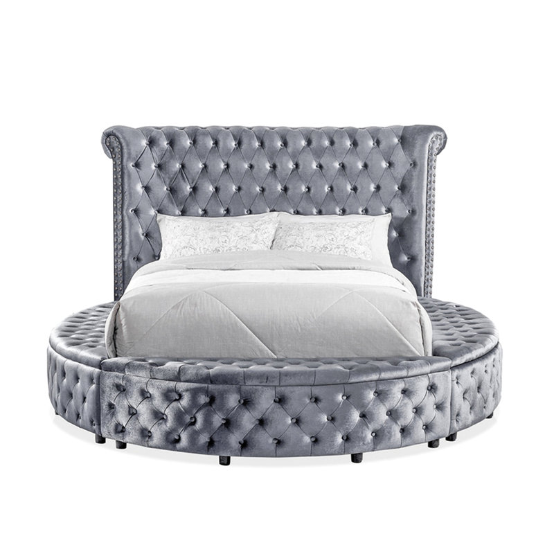 1pc Unique Round Glam Gray Velvet Like Acrylic Button-Tufted Detailing Storage Bed Queen Size, Gray, Queen