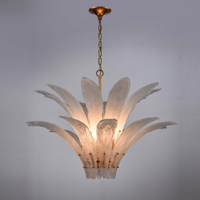 Luminaire suspendu 39,5 po Fiore en feuille d'or antique avec verre brume arctique texturé