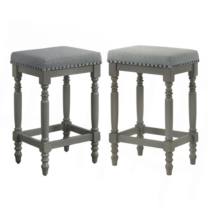 Tabourets de comptoir en bois rustique avec siège rembourré et garniture cloutée (ensemble de 2), Gris, Gris