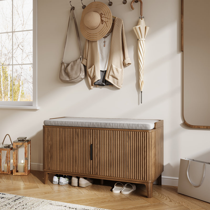 39.4" Fluted Shoe Cabinet Storage With Bench, 2-tier Entryway Bench With Adjustable Shelves And Detachable Cushioned Seat