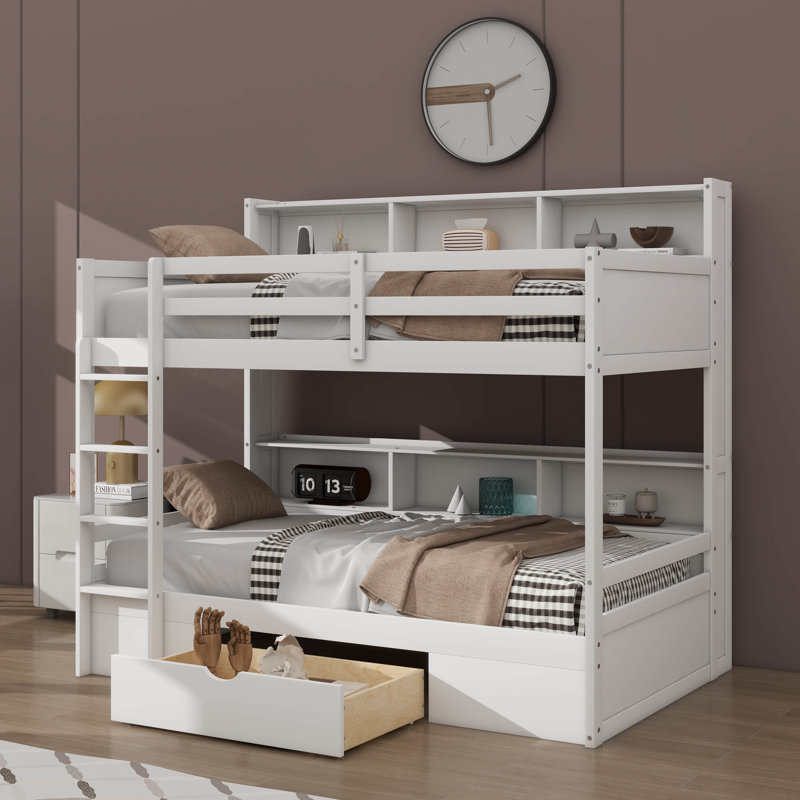 Lit superposé simple avec tablettes intégrées aux lits supérieurs et inférieurs, ainsi qu'un tiroir de rangement, Blanc