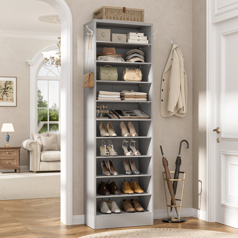 Shoe Storage Cabinet, 10 Tiers Narrow Wood Shoe Rack, Gray