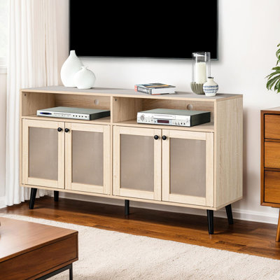 Meuble télé de style Mid-Century moderne en bois naturel pour le salon, avec rond noir, d'ingénierie et de papier, 32 pouces de hauteur, métal, pièce principale appropriée