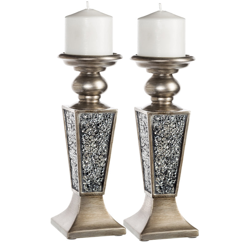 Silver Crackled Mosaic Polyresin Candlestick Set