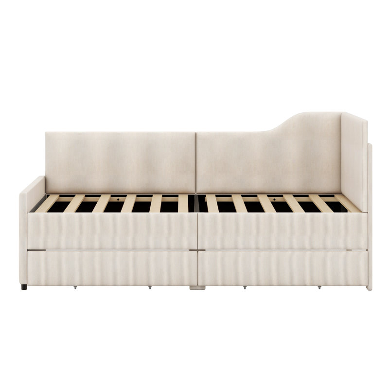 Tallis  L-Shaped Corduroy Daybed,Upholstered Bed Frame With 2 Storage Drawers, Beige