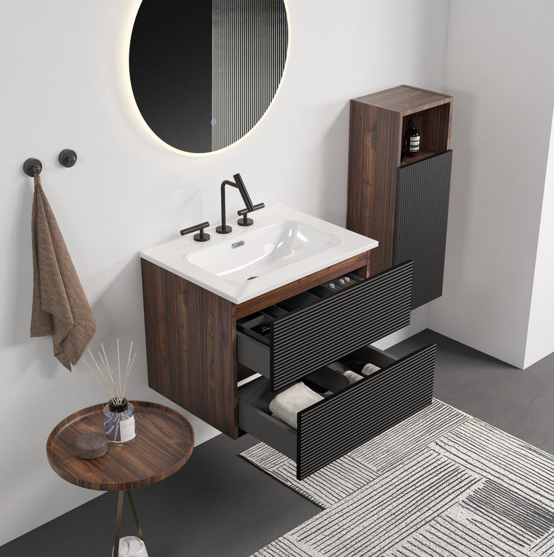 Meuble-lavabo mural noir et noyer 24 po avec lavabo intégré en céramique avec trop-plein, 3 trous, grand meuble-lavabo flottant avec rangement pour salle de bain moderne, KD