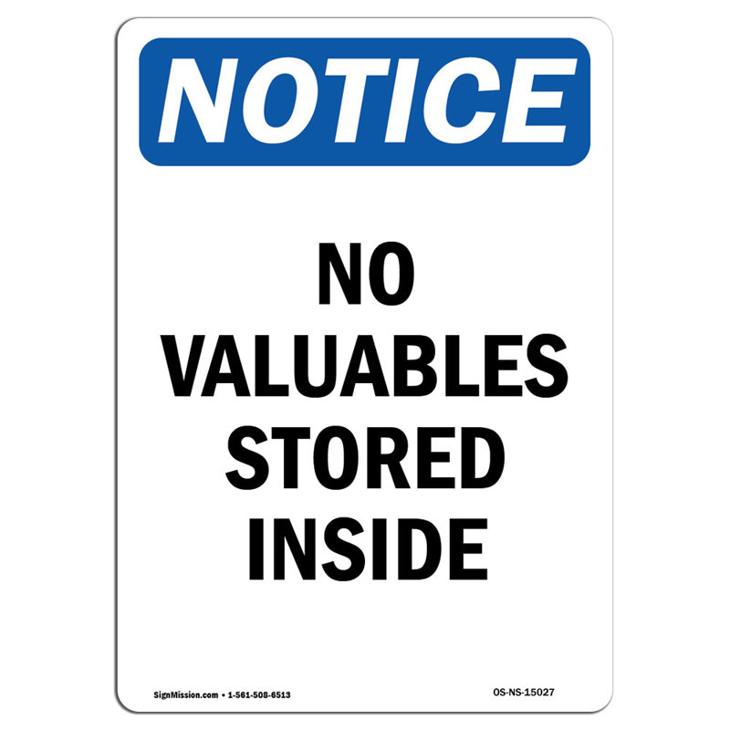 Panneau «No Valuables Stored»
