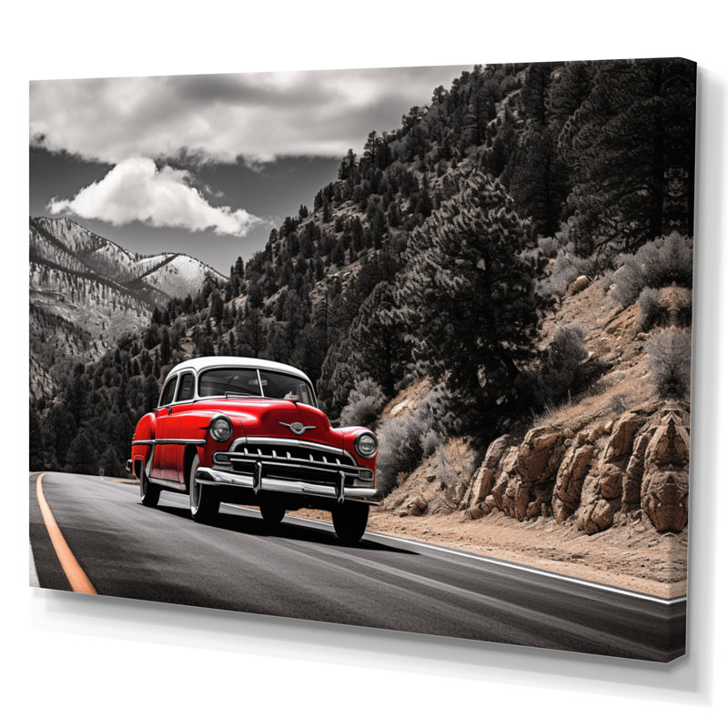 «Red Classic Car Vintage Drive - Transport», art mural sur toile, H 12 po x l 20 po x P 1 po, Toile tendue