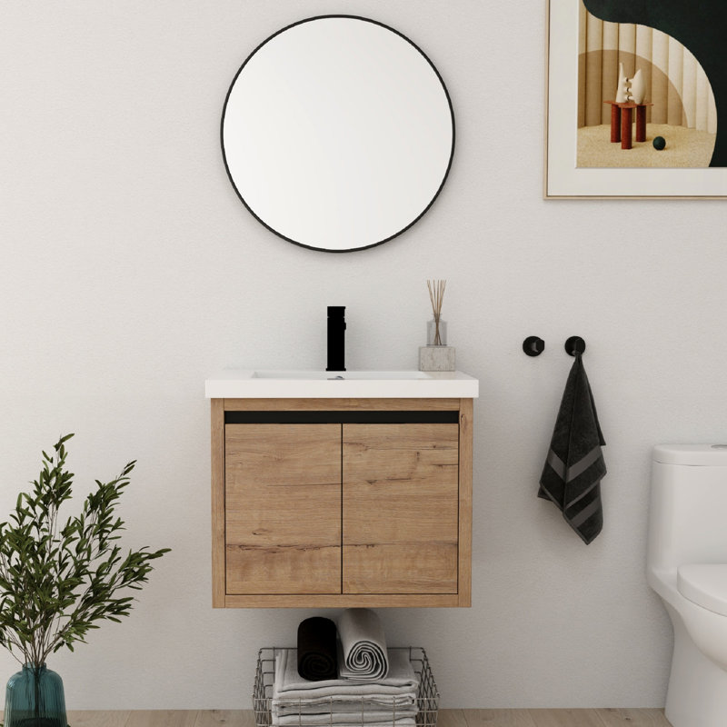 Zalet 24"Single Sink Wall Mounted Bathroom Vanity,Floating Vanity with 2 Doors,White Resin Basin Sink Top, Beige, 24"