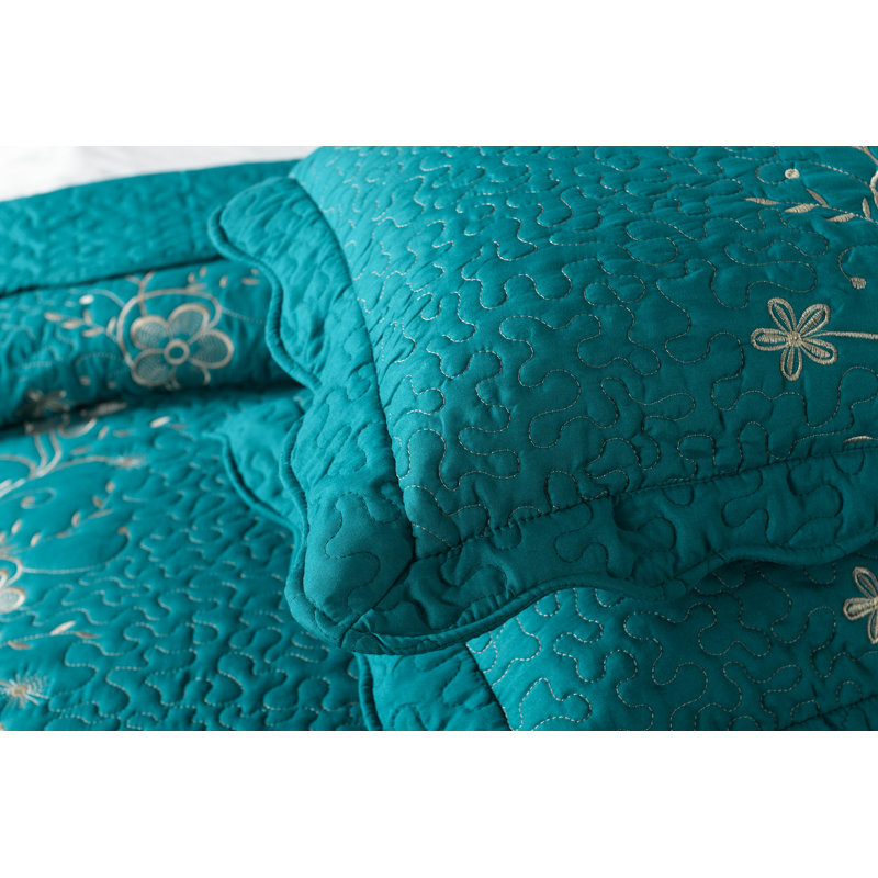 Polyester No Floral Coverlet, Teal, King Bedspread + 2 Shams