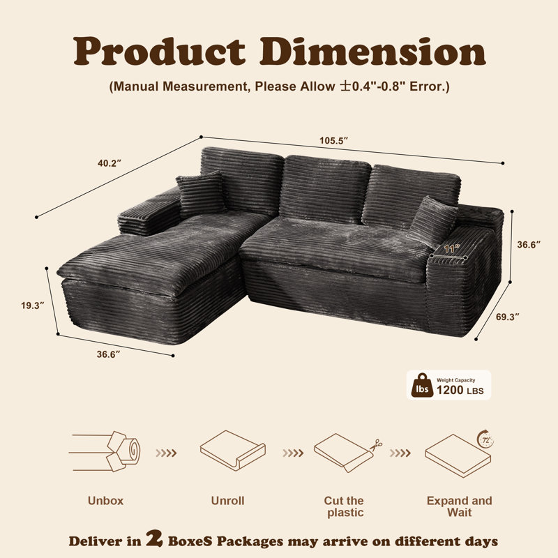 Aucun assemblage requis Canapé modulaire Cloud de 105 po, tissu en velours côtelé moelleux et en peluche, double couche de coussin avec support à ressort