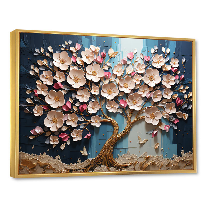 «Blue and White Orchid Tree Garden Of Branches I», reproduction d'art sur toile encadrée, Cadre flottant doré