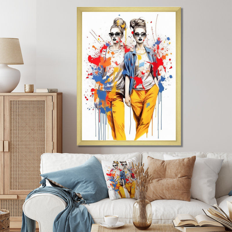 Jumeaux à la mode sur toile, H 44 po x l 34 po x P 1,5 po, Encadrement doré